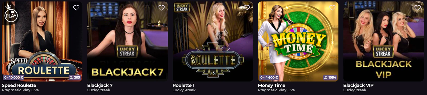 Sección de juegos de casino y mesas con crupier en vivo de RockySpin Casino